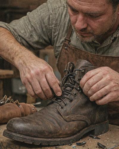 Skilled craftsman working on leather boot repair