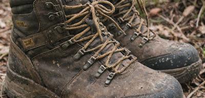 Faded hiking boots before restoration process