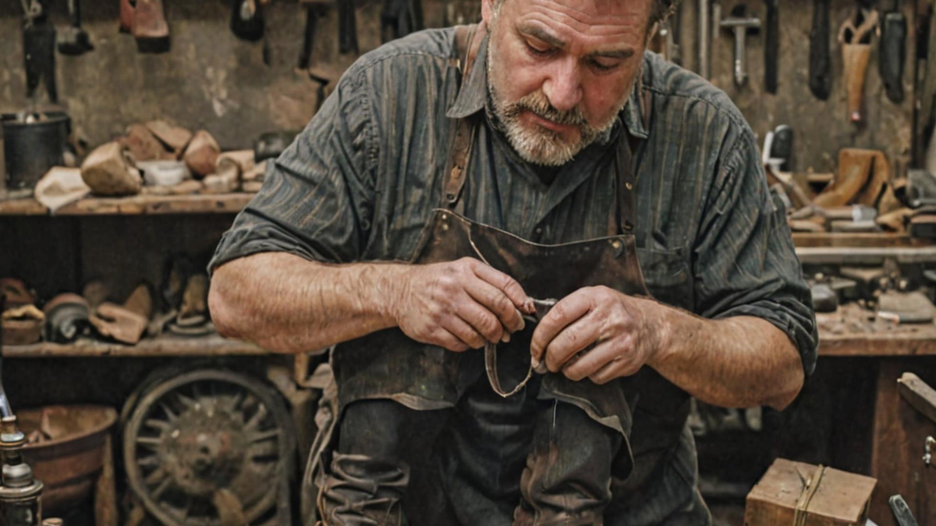 Professional cobbler working on boot repair