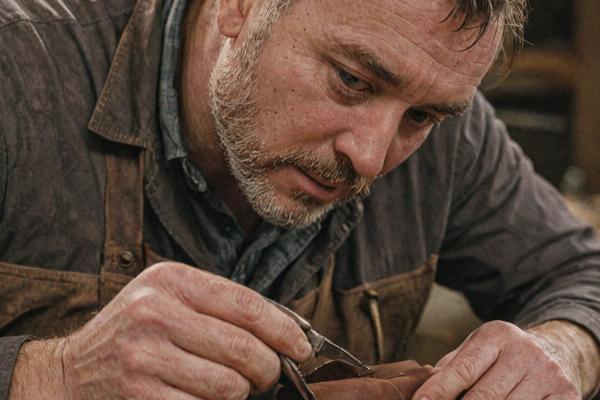 Master craftsman performing precise leather restoration work