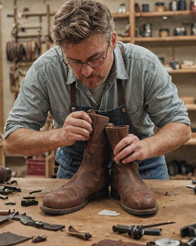 Master craftsman examining leather boot construction